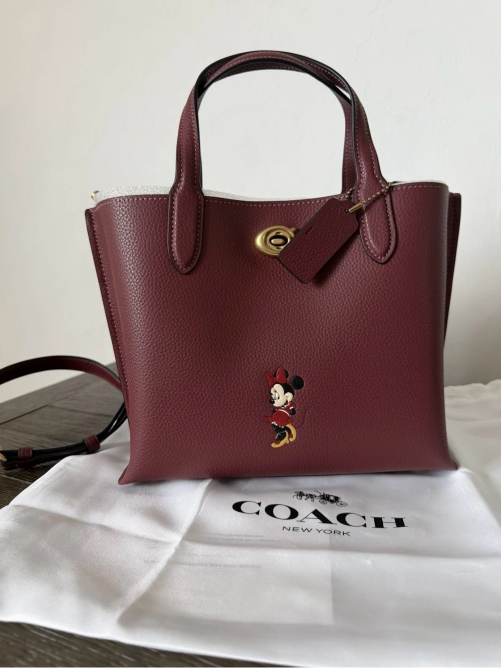 Coach Burgundy Leather Tote with Minnie Mouse Detail